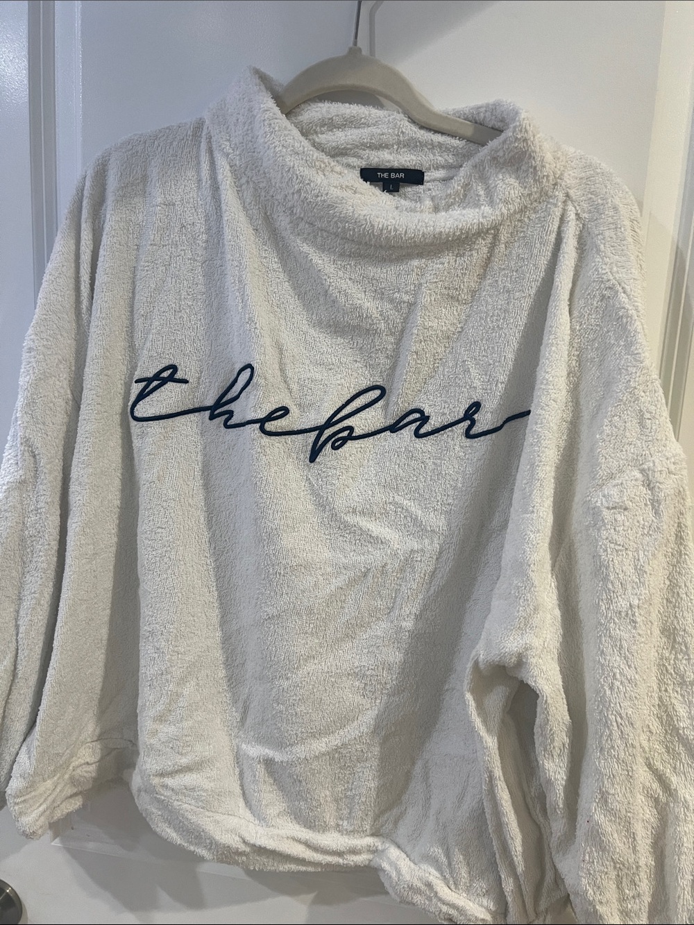 The Bar Ivory Plush Pullover with Navy Script